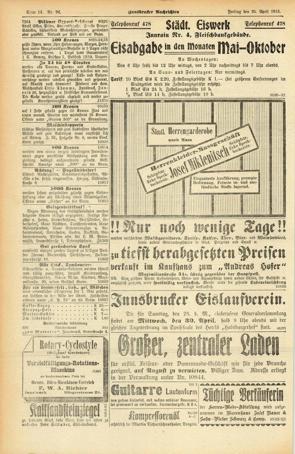 Seide 14. Nr. 94. Llnnsvrucker Nachrichten Freibag den 25. April 1913. 7264 Pilsener (Export-^ ^sckerei 90126 Adols Elkan, Pilsen, Komeusky,fasse.