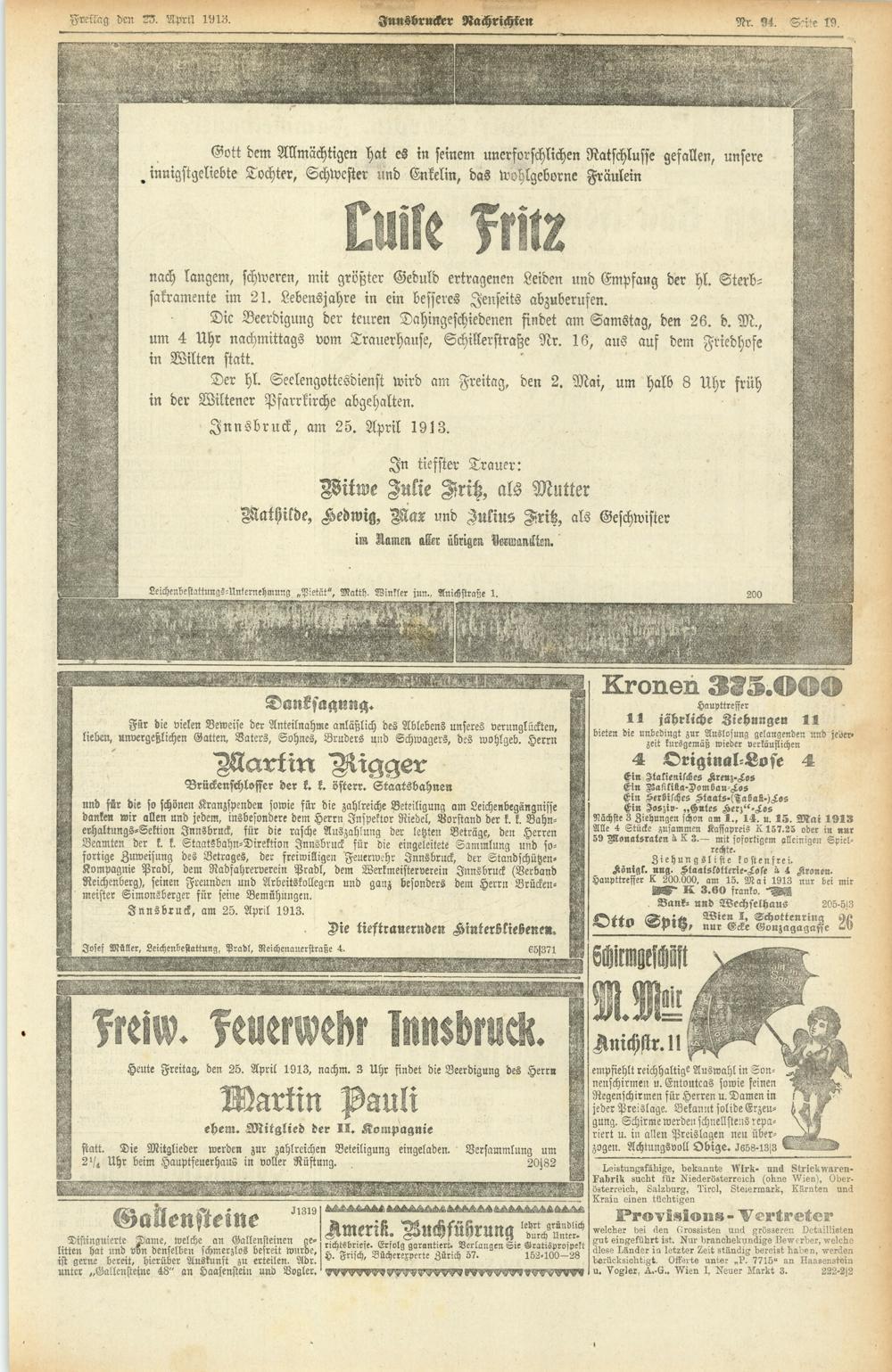 Wiekkag tat 23. April 1913. Innsbrucker Nachrichten Nr. 94. eite 19.