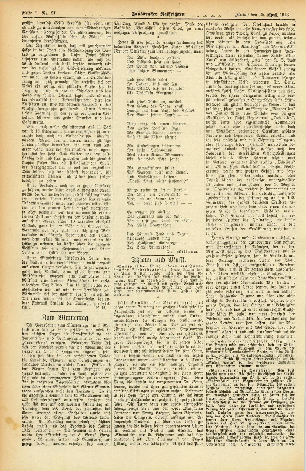 MEe 6. Nr. 94. Vnrtsvrucker Nachrichten ^ ^ Are :tag «den 25. WprLL. 1913. grüßte.