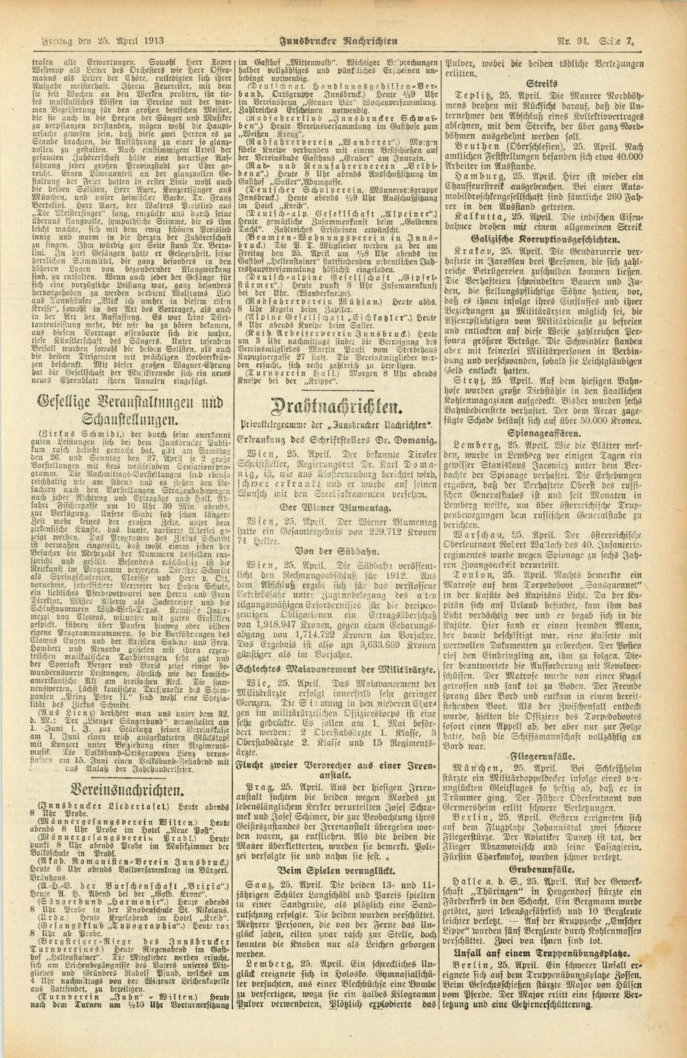 FreUng den 25. Aprtl Id 13 Innsbrucker Nachrichten Nc. 94. 7, trafen alle Erwartungen. Sowohl Herr Laver im Gasthof Mittenwald ".