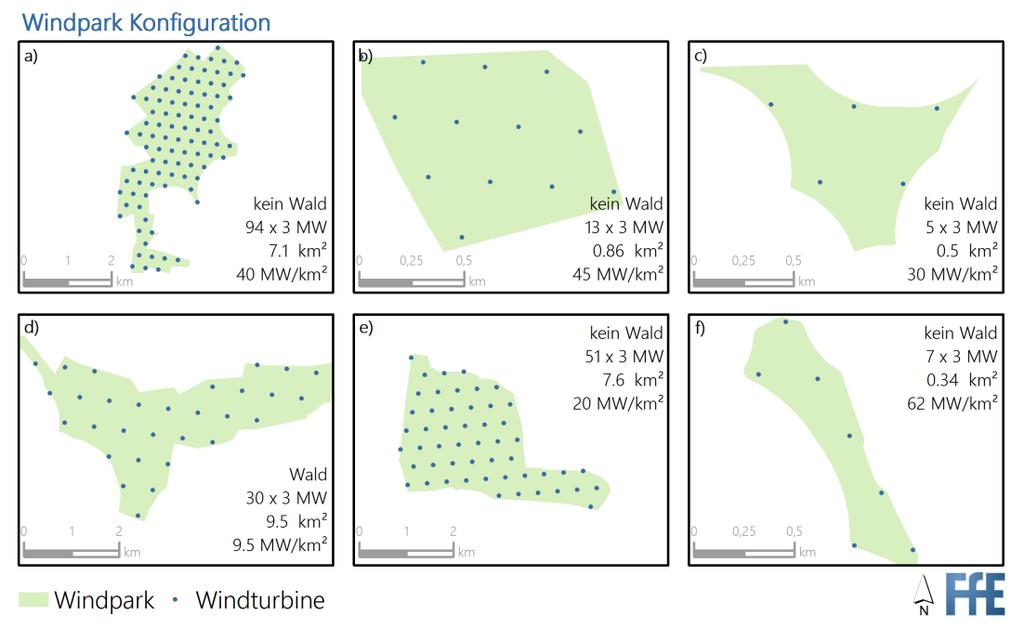 Abbildung 1: Konfiguration von modellierten Windparks auf ausgewählten Windeignungsgebieten.