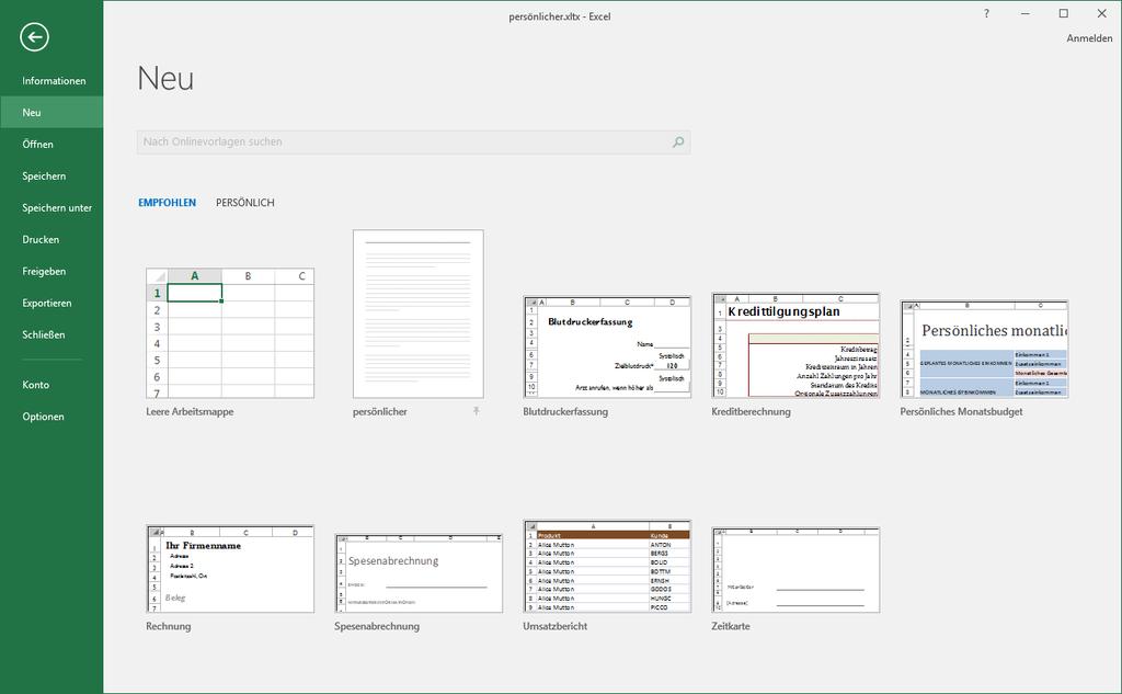 Daraufhin wird in den Vorlagenordner für persönliche Excel-Vorlagen (C:\Users\ <Benutzer>\Documents\Benutzerdefinierte Office-Vorlagen) gewechselt.