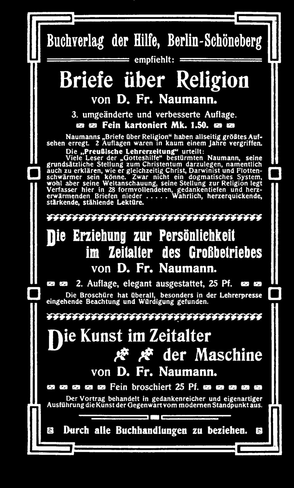 Buchverlag der Hilfe, Berlin-Schöne empfiehlt: Briefe über Religion von D. Fr. Naumann. 3. umgeänderte und verbesserte Auflage. za = Fein kartoniert Mk.10.