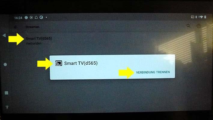 Am Bildschirm des Tablets / Handys und des TV-Gerätes wird nun der Status des (d565) als Verbunden angezeigt. Ab jetzt wird der Bildschirm des Tablets / Handys auf den Bildschirm des gespiegelt.
