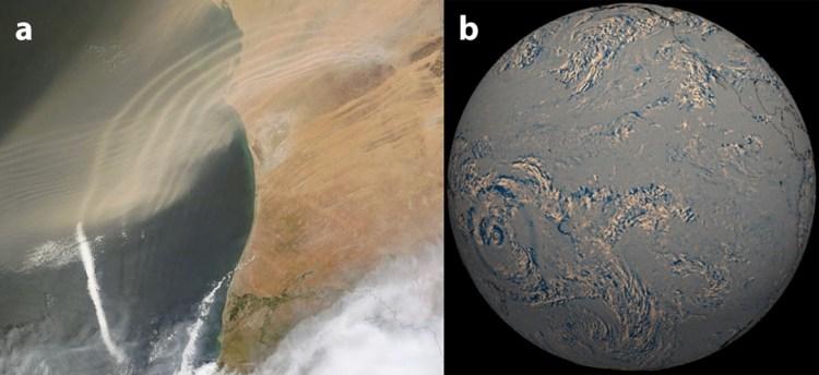 Abb. 2.7: Beispiele atmosphärischer Wellen Abb. 2.7 zeigt (a) ein Foto von atmosphärischen Wellen, die durch Saharastaub vor der nordwestlichen Küste Afrikas sichtbar werden.