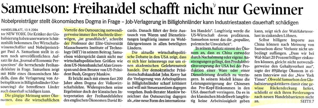 Case Study: Die Samuelson-Kontroverse - die Rolle der Terms of Trade Quellen: Handelsblatt 13.9.