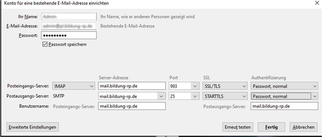 Ändern Sie die Serveradressen in, Für "Posteingangsserver (IMAP):" den Port "993" eintragen. Der verwendete "Verschlüsselungstyp:" ist "SSL".