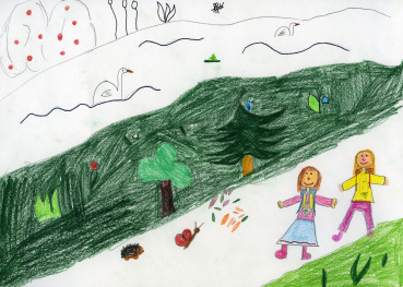 Zunächst zeigen viele Zeichnungen auf, dass der Fussweg in den Kindergarten oder in die Schule den Kinder vielfältige Erlebnisse mit der Natur sowie reiche - selbständige - soziale Erfahrungen bietet.