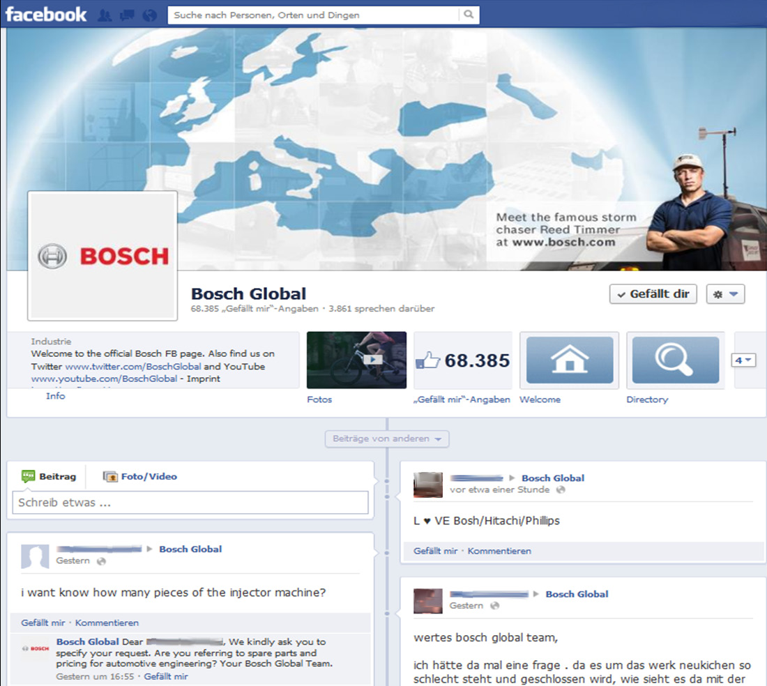 Abbildung 3: Die Facebook-Seite von Bosch Ein weiteres Kriterium zum Priorisieren der eingegangenen Posts ist der sogenannte Influencer Score eines jeden Social-Media-Nutzers, die vom System
