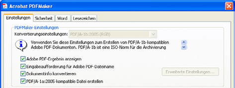 Damit die PDF/A-1b-Dateien den Anforderungen an Tagged PDF genügen, muss man im Bereich Word darauf achten, dass die Vorgabe Erweiterte Tag-Erstellung aktivieren eingeschaltet ist (diese ist