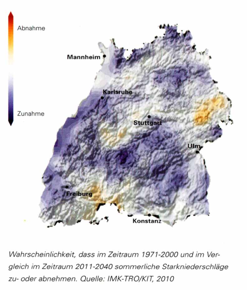 Das KIT untersuchte auch, wie wahrscheinlich es ist, dass Starkregen in Baden-Württemberg künftig zunehmen.
