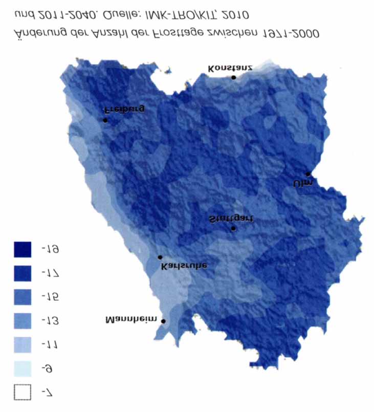 Die Ergebniskarte (Abbildung 22) zeigt, dass in bestimmten Regionen des Landes - so auch im Raum Karlsruhe - die Wahrscheinlichkeit für häufigere und intensivere sommerliche Starkniederschläge in der