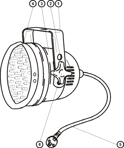 DESCRIPCIÓN DE LAS PARTES (1) Lira de fijación (2) Orificio para cable de anclaje (3) Tubo (4) LEDs (5) Cable de conexión a la red (6) Tornillo de fijación INSTALACIÓN Montaje por encima de la cabeza