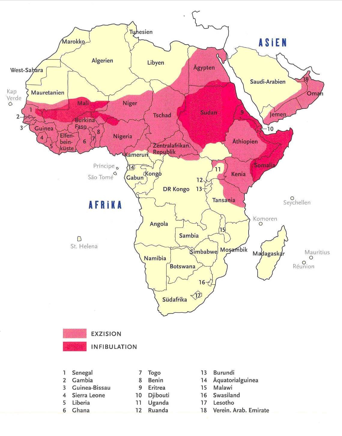 Weibliche Genitalverstümmelung ist wie in der Karte zu sehen ist - in 28 afrikanischen Ländern v.a. südlich der Sahara verbreitet.