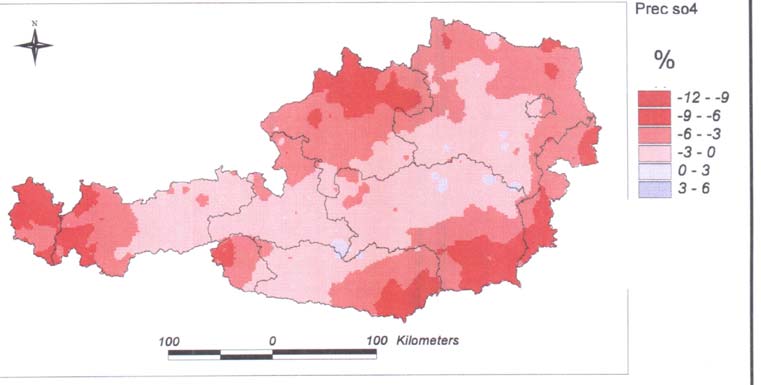 Abb.3-2: Niederschlagsänderungen in Österreich gegenüber dem Mittelwert 1961 1995 für das GCM-Szenarium IS92a A) ohne Berücksichtigung der Aerosole, B) mit Berücksichtigung der Sulfataerosole Für