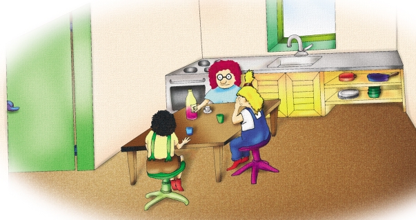 Frau Rota ruft die Kinder in die Küche. Auf dem Tisch stehen Kekse und Saft. Laura und Lars setzen sich, aber sie trauen sich nicht, etwas zu sagen.
