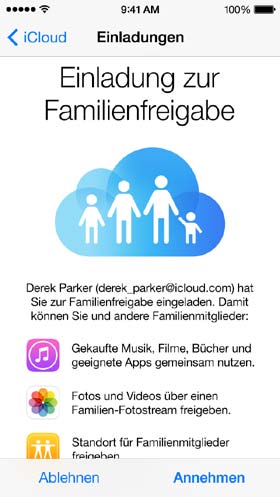 Zur Verwendung der Familienfreigabe müssen Sie sich mit Ihrer Apple-ID bei icloud anmelden.