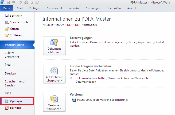 VARIANTE MS OFFICE 2010 UND HÖHER Plattform: Windows Benötigt: Mindestens MS Office 2010 Mit Microsoft Office 2010 lassen sich Dateien ohne zusätzliche Software und Add-Ins in PDF/A konvertieren.