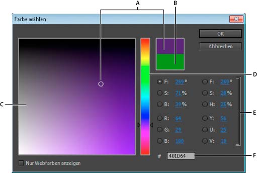 Anwenden von Effekten 179 Auswählen einer Farbe mit der Adobe-Farbauswahl Sie können Farben für Effekte und Masken mit der Option Farbe wählen auswählen, indem Sie das Farbspektrum verwenden oder