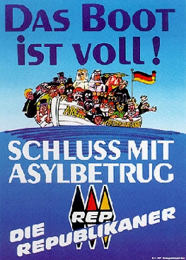 Cord Pagenstecher Republikaner illustriert seine zentrale Aussage Das Boot ist voll! mit einer Karikatur der überfüllten Arche Deutschland und dem Aufruf: Schluss mit Asylbetrug!