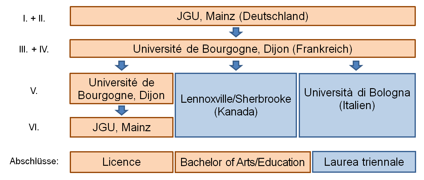 Abbildung 1 - Schematische Darstellung eines Studienverlaufs im integrierten Studiengang Mainz-Dijon Die Studiengänge werden kontinuierlich erweitert.