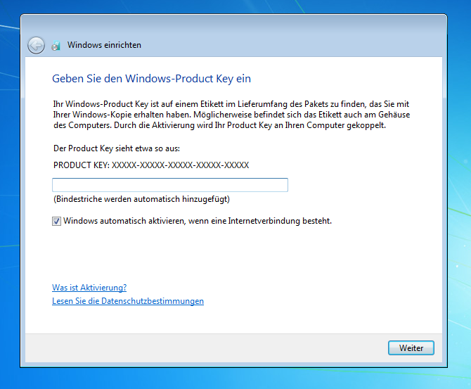 Im nächsten Schritt werden Sie gebeten, Ihren Windows Produktschlüssel (Product Key) einzugeben.