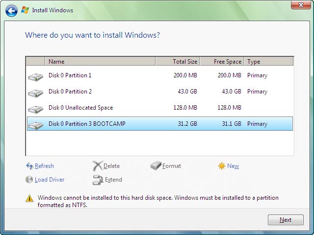 Korrekte Partition für Windows Vista oder Windows 7 auswählen und formatieren: 1 Wählen Sie Disk 0 Partition 3 BOOTCAMP.