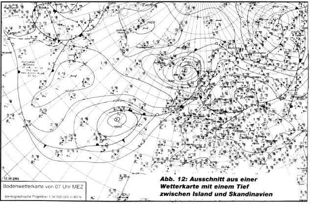 Abb.12 Ausschnitt aus einer Wetterkarte mit einem Tief zwischen Island und Skandinavien Dabei erkennt man Hoch- und Tiefdruckgebiete, um die der Wind, dank der Erdrotation, parallel zu den Isobaren