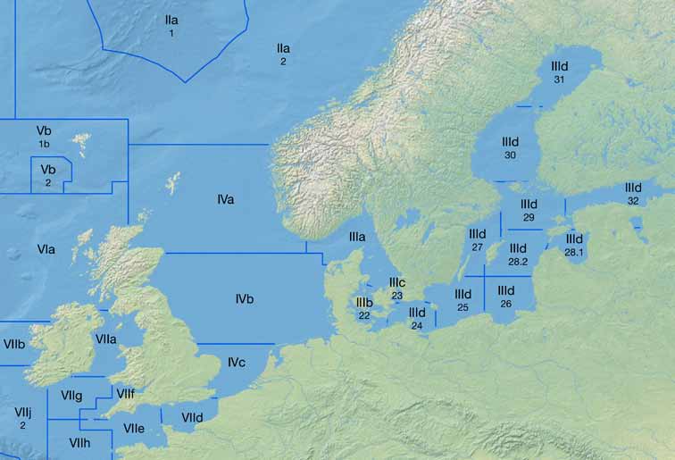 IIa: Norwegische See IIIa: Skagerrak/Kattegat IIIb d (22 24): Westliche Ostsee IIId (25 32): Östliche Ostsee IVa c: Nordsee Vb: Faröer VIa:
