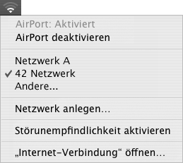 Gehen Sie wie folgt vor, um festzustellen, ob Sie Zugang zu einem AirPort Extreme Netzwerk haben: m Klicken Sie in der Menüleiste in das AirPort Symbol und wählen Sie ein dort aufgelistetes AirPort