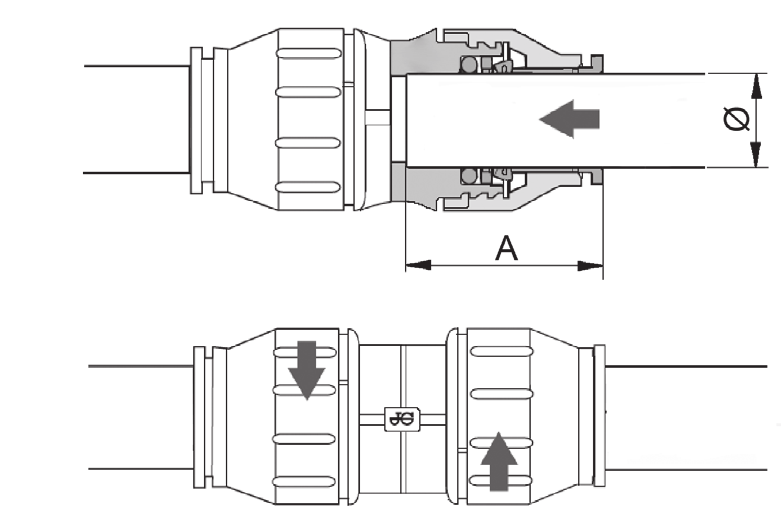 INSALLAION Montage Rohr-Ø Einstecktiefe A 8 mm mm Lösen der Verbindung ffdrehen Sie die Schraubkappe soweit zurück, bis ein schmaler Spalt entsteht.