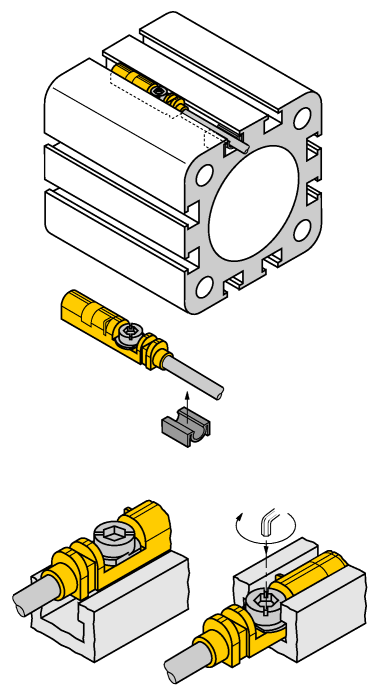 Einbauhinweise / Beschreibung Montageanleitung Der Sensor kann aufgrund der Vorfixierungslippe einhändig von oben in die Nut eingesetzt werden.