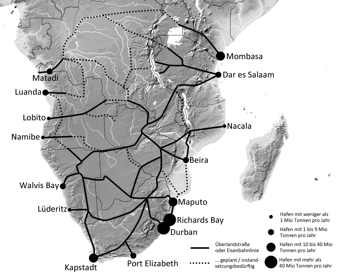 Karte 1: Verkehrsinfrastruktur im südlichen Afrika und in Ostafrika Quelle: Eigener Entwurf. schen 10,12 und 12,02; die DR Kongo lediglich bei 3,73 (UNCTAD 2011).