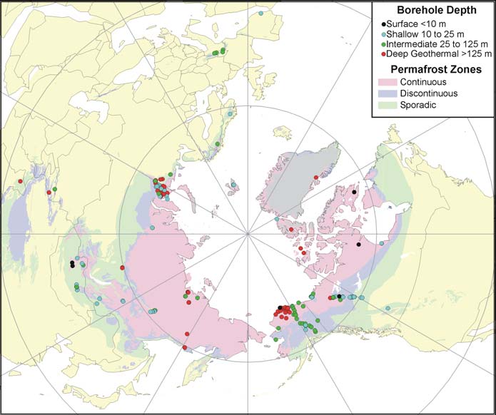 Abbildung 1: Permafrostvorkommen der Nordhemisphäre, unterteilt in Zonen kontinuierlichen, diskontinuierlichen und sporadischen Permafrostes.