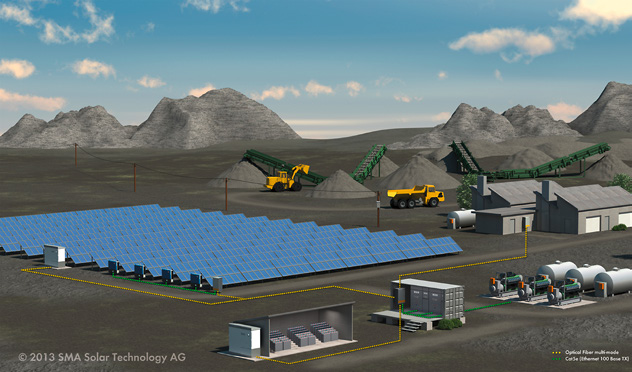SOLARENERGIE: PHOTOVOLTAIK 27 PV-Dieselsystem mit PV, Batteriespeicher und Dieselgeneratoren für die autonome Versorgung eines kleinen netzfernen Betriebes (hier eine Mine) sind auf dem Markt in