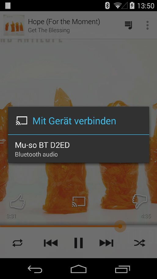 Um die mu-so über Bluetooth mit einem Abspielgerät zu verbinden, müssen Sie lediglich das Bluetooth-Menü Ihres Abspielgeräts öffnen und aus der Liste der verfügbaren Geräte Mu-so-xxxx auswählen.