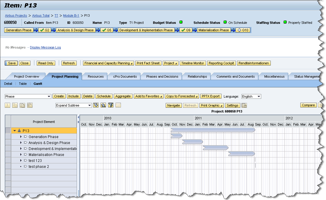 Call Project Planning Functionality The project Gantt is a very convenient function to visualize timelines of various project phases.