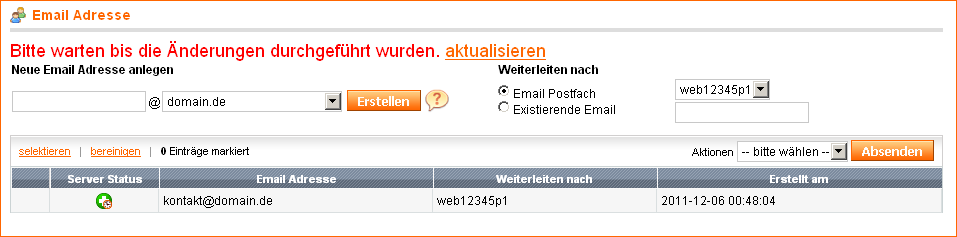 Abbildung 2.10: Email Adresse erstellen Auf der linken Seite sehen Sie das Feld um den Namen Ihrer neuen Email Adresse einzugeben.