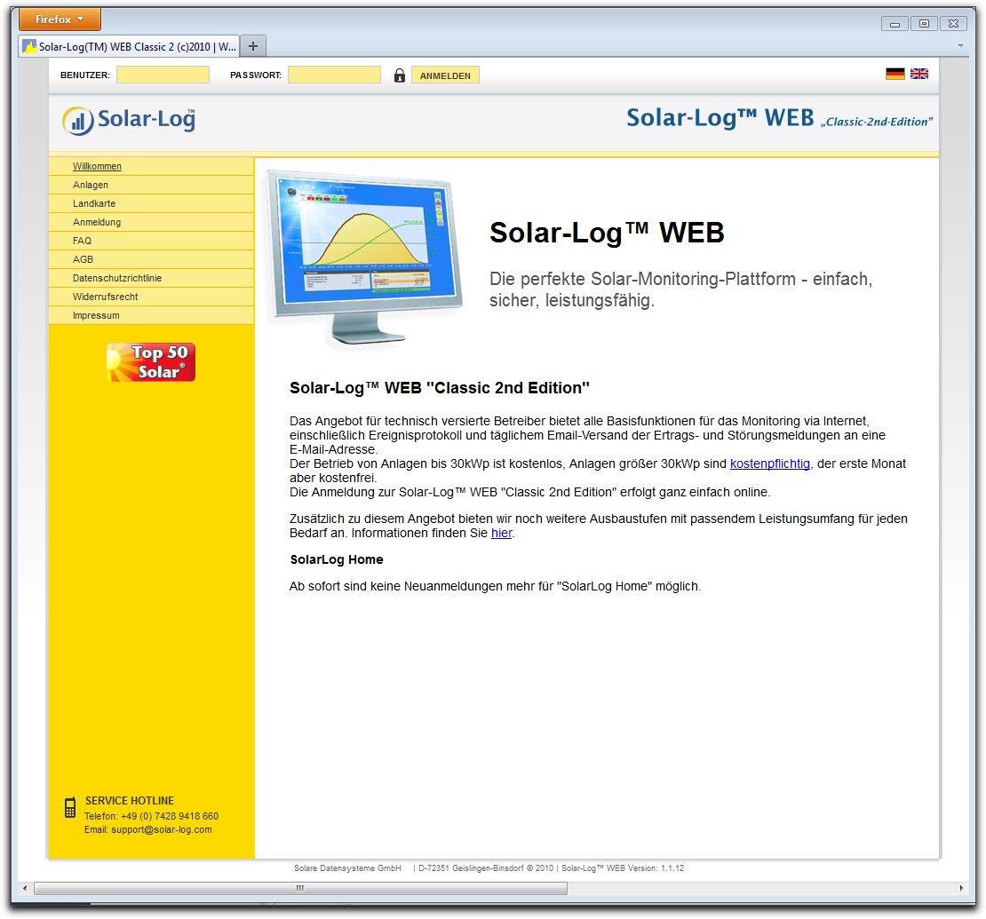 Solar-Log WEB benutzen 4.2 Anlagendaten abrufen Öffnen Sie im Browser die Startseite von Solar-Log TM WEB oder geben Sie in der Adresszeile des Browsers die URL ein: Die Startseite wird angezeigt.