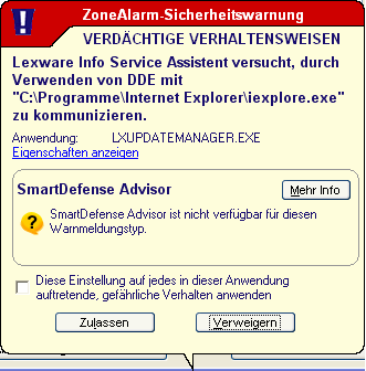 6. Zone Alarm Um Lexware Info Service mit Zone Alarm zu verwenden, müssen Sie die folgenden Sicherheitswarnungen mit Zulassen bestätigen.
