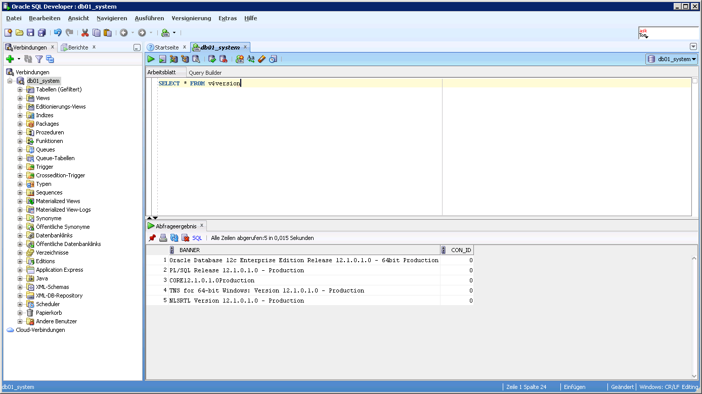2.5.3 Oberfläche des SQL Developers SQL Developer Im linken Fenster des SQL Developer können die Datenbank Objekte überprüft, erstellt und geändert werden.