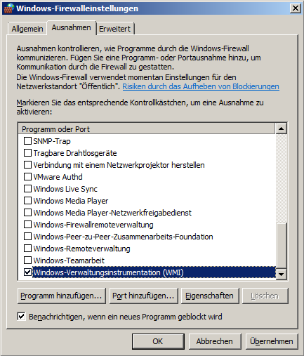 3.3 Windows Vista Windows-Firewall Ausnahmen festlegen In der Liste Programm oder Port sind folgende Ausnahmen per Haken anzuwählen: Datei- und Druckerfreigabe Windows-Verwaltungsinstrumentation