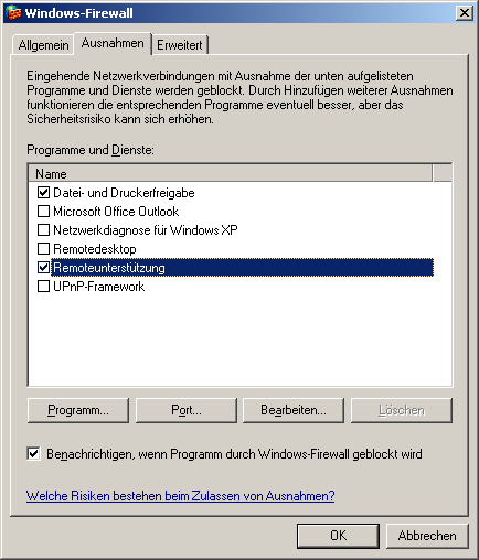4.2 Windows XP Windows-Firewall Ausnahme festlegen Auf den Reiter Ausnahmen klicken.