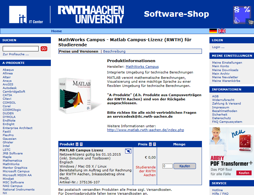 Online-Software-Shop der RWTH Aachen A-Produkte MathWorks MATLAB für Studierende