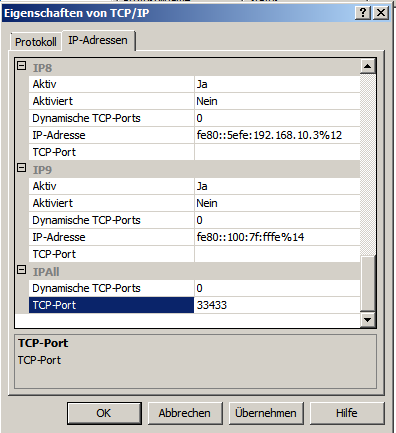 Klicken Sie TCP/IP mit rechts an und wählen Sie Eigenschaften. Es öffnet sich ein weiters Fenster. Stellen Sie sicher, das TCP/IP aktiviert ist.