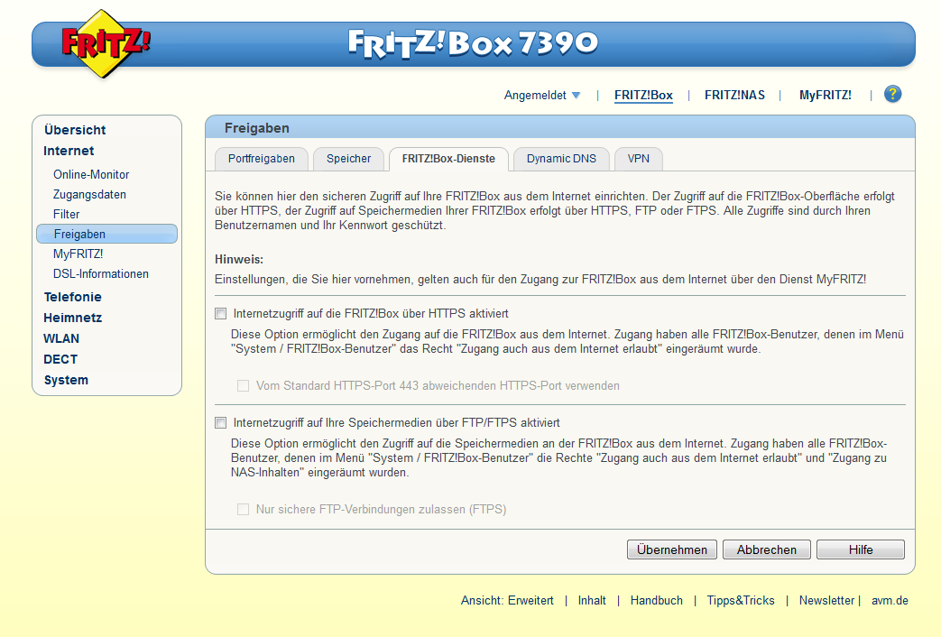 Aus Sicherheitsgründen deaktivieren Sie bitte den Fernzugriff auf Ihre Fritz!Box wie folgt: Klicken Sie auf Internet () und dann auf den Menüpunkt Freigaben ().