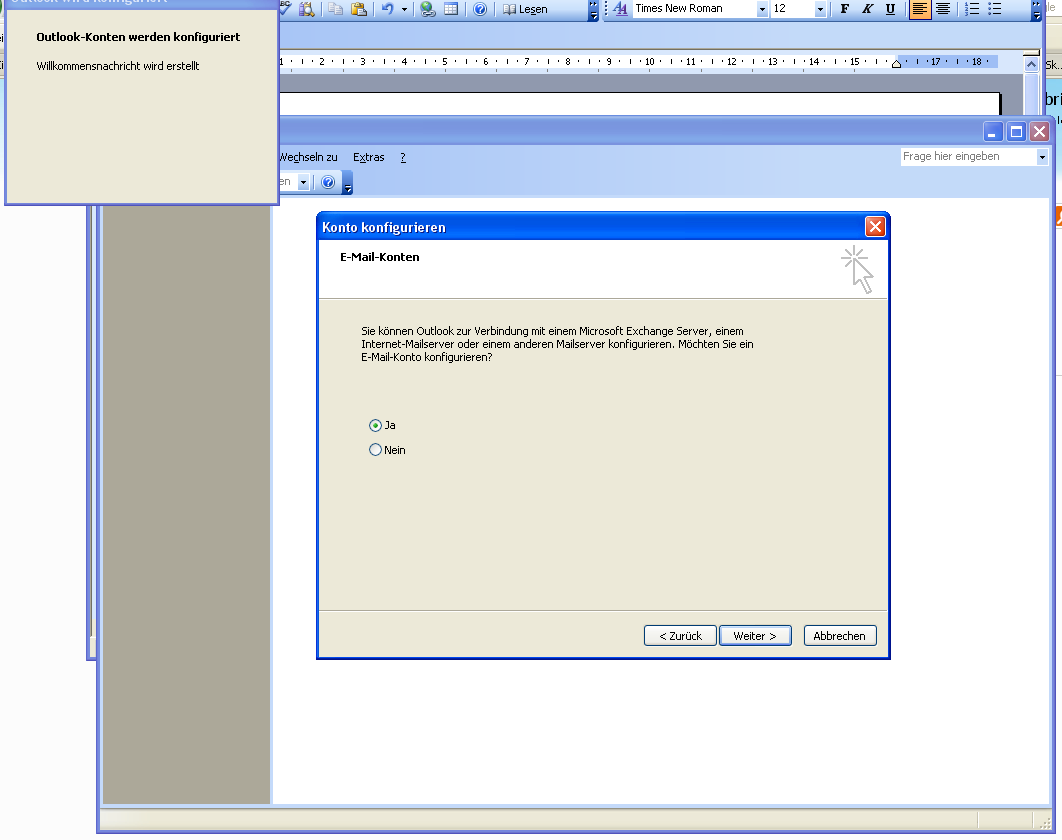 Einrichten von Outlook 2003 als IMAP-E-Mail-Konto Öffnen Sie Outlook 2003. Wenn Sie Outlook 2003 zum ersten Mal öffnen, führt Sie der Konto- Einrichtungs-Assistent durch die Einrichtung.
