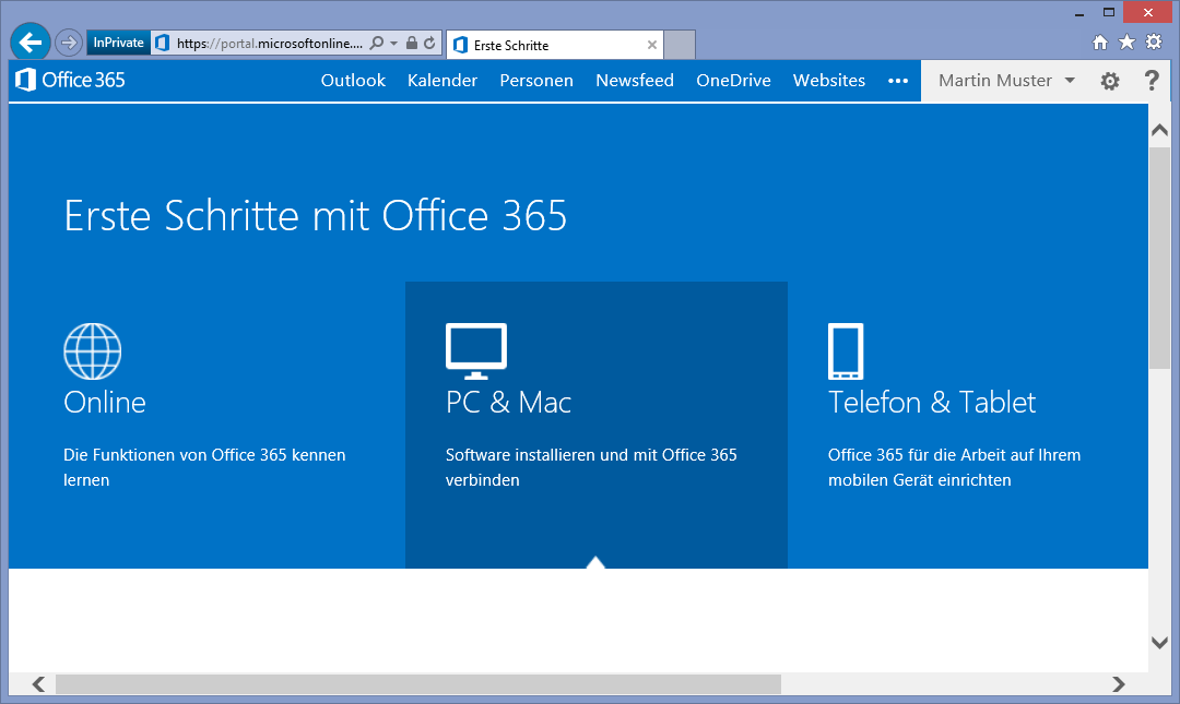 Nachdem das Kennwort gespeichert wurde, erscheint die Startseite von Office 365: Hier hat man u.a. direkt Zugriff auf die Online Version von Outlook (Outlook Web App), den Kalender