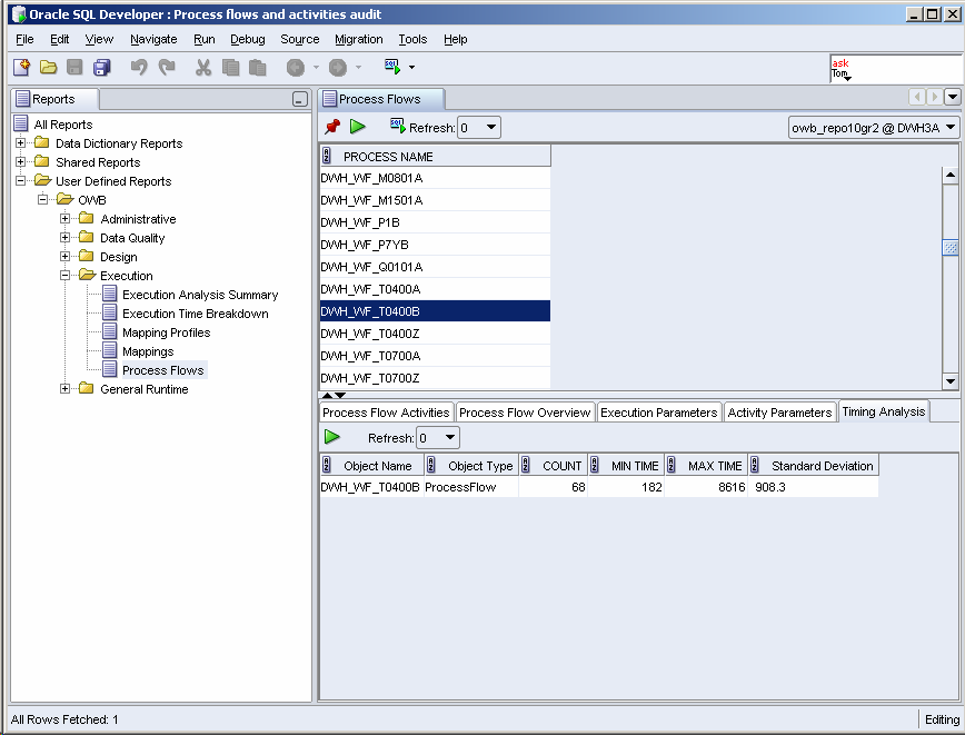 OWB Bordmittel (2): SQL Developer Reports Einzelauswertung pro Prozess / Mapping Zeitreihen