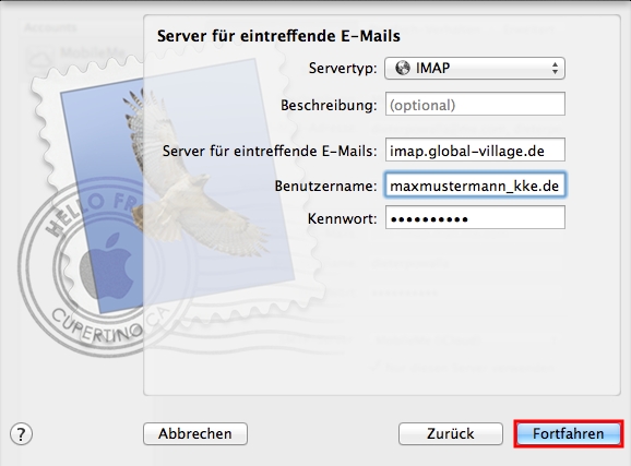 Apple Mail wird dann versuchen, eine Verbindung mit einem Server kke.de herzustellen.